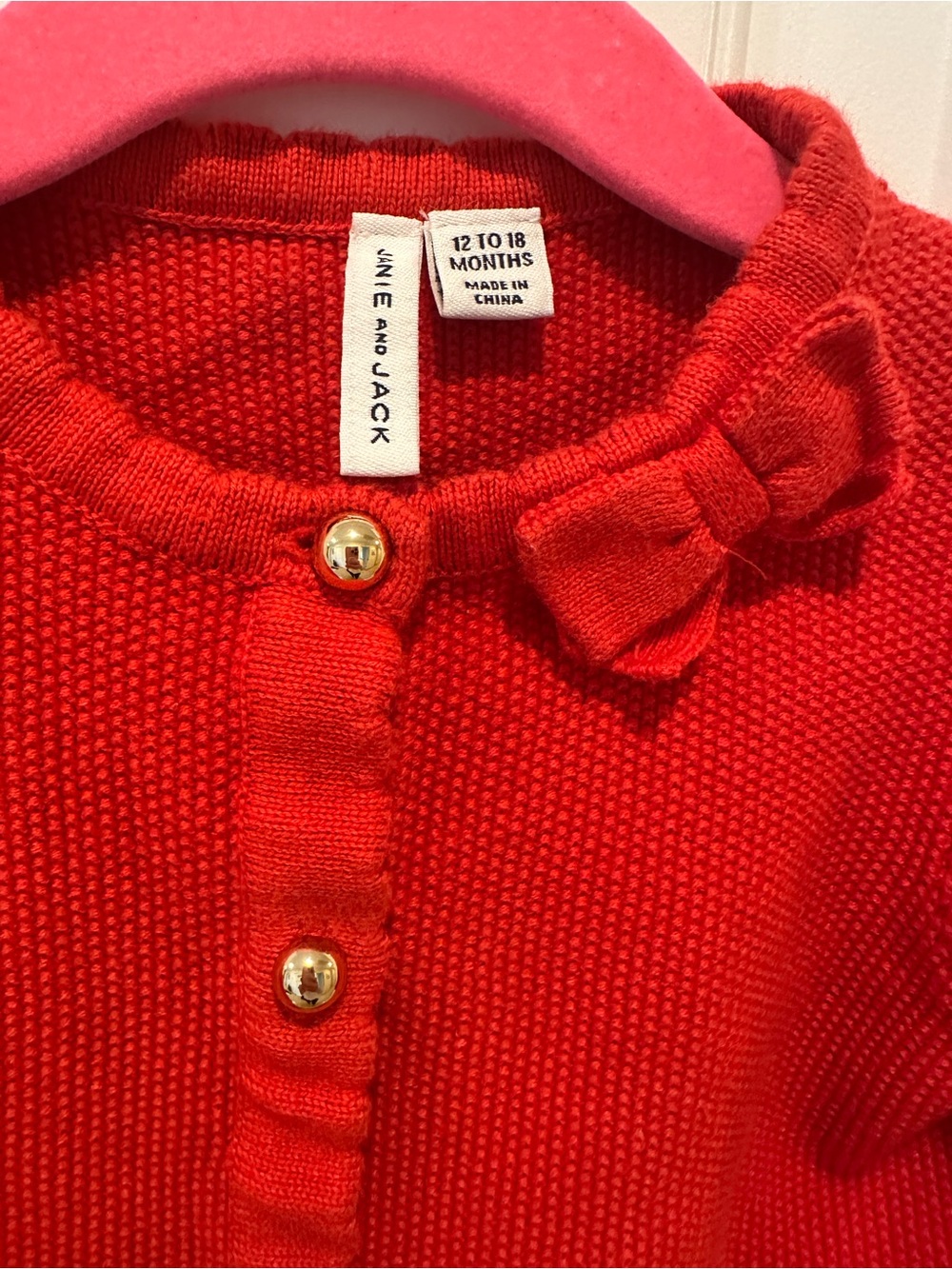 Janie and Jack Bright Red Knit Cardigan with Bow and Gold Buttons